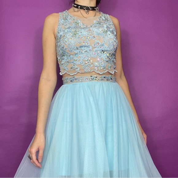 y2k vintage prom dress 2 pc set pastel blue tulle rhinestone embellished XS - Picture 7 of 10